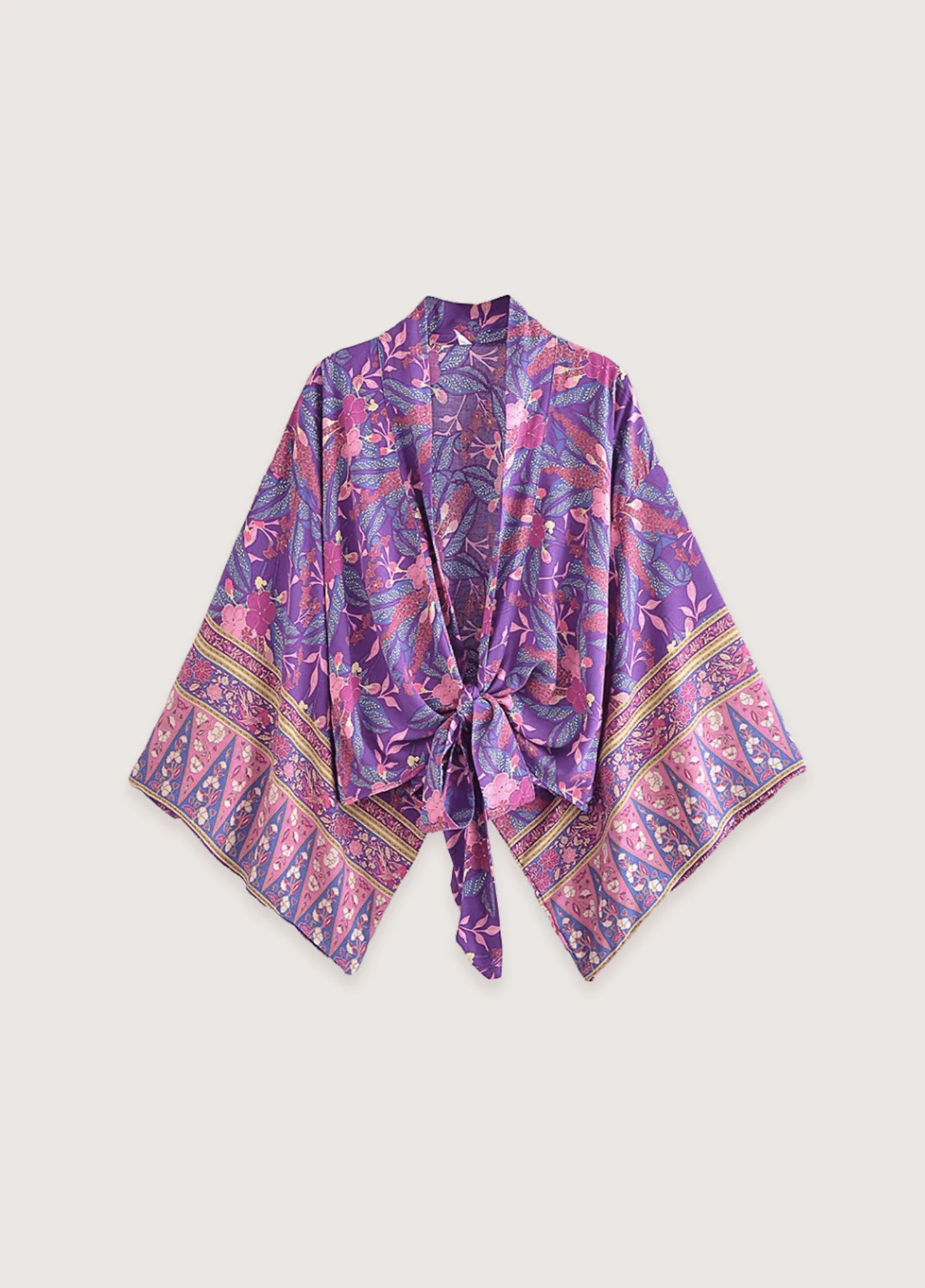 Ensemble kimono court et pantalon violet fleuri - Image 4