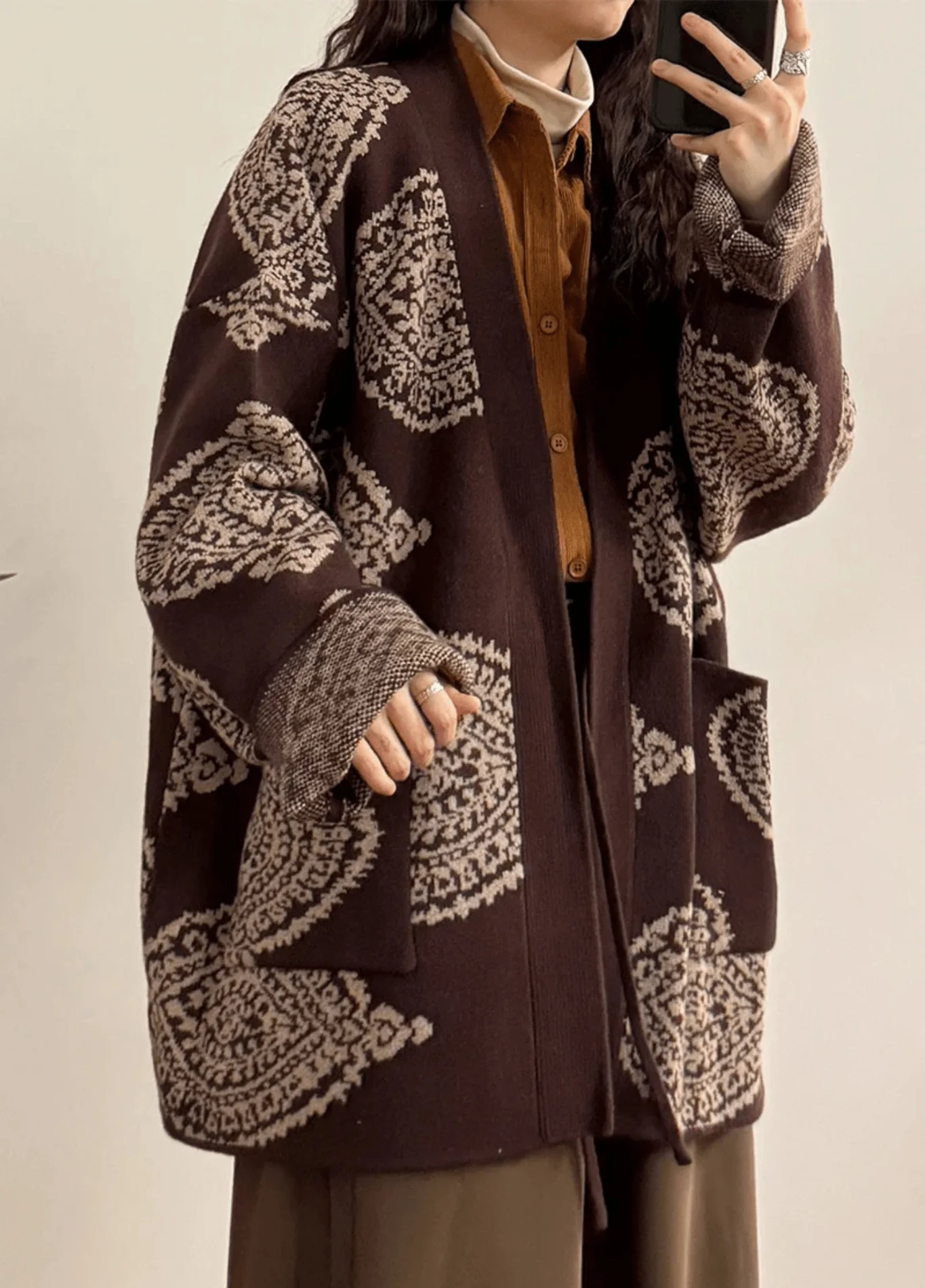 Veste kimono marron | Motifs Paisley
